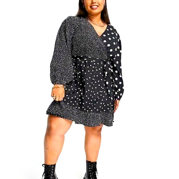 ASOS Wednesday's Girl Curve mini wrap tea dress in mix spot print plus-size: 26 - Picture 7 of 7